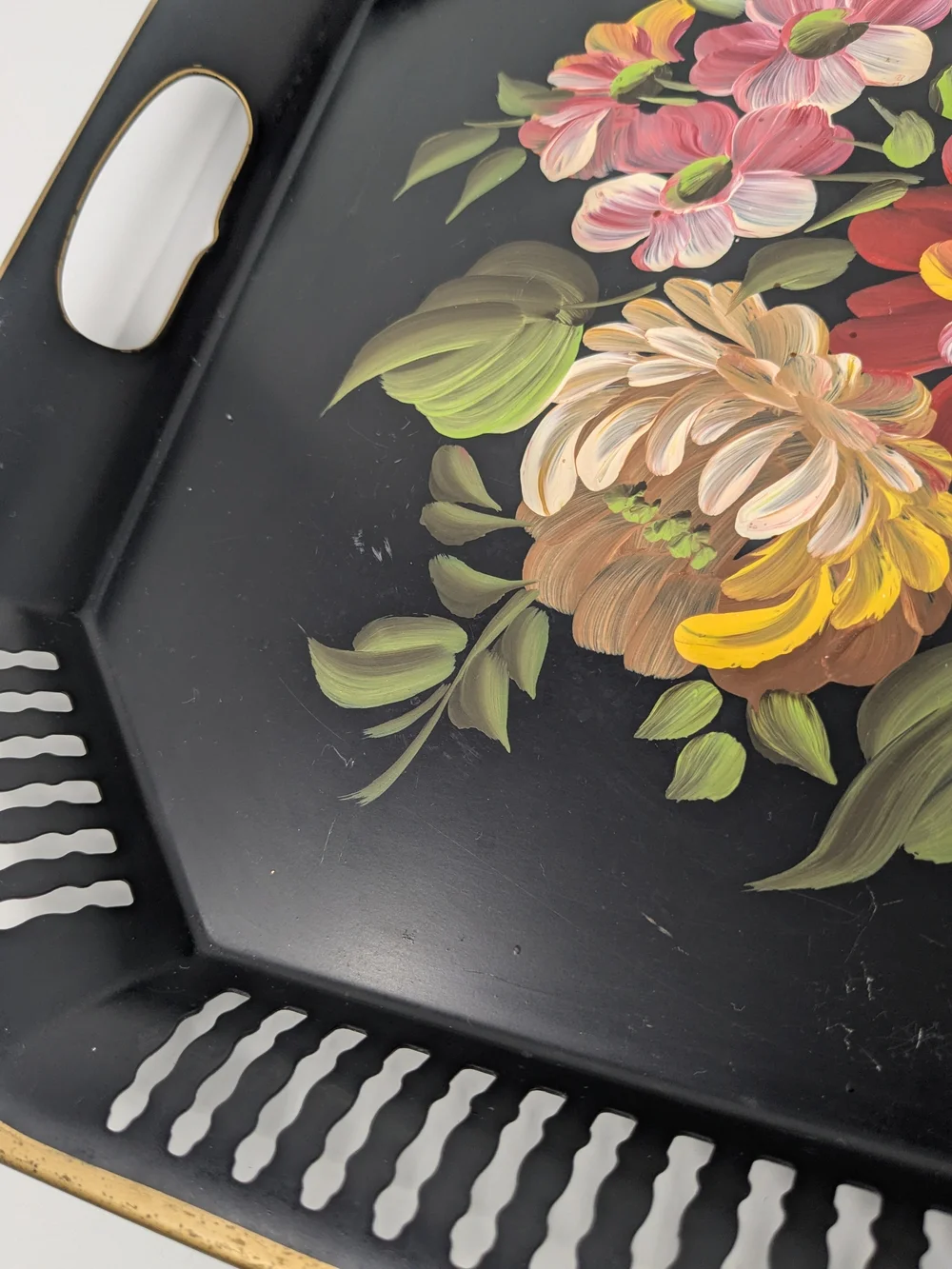 Vintage Nashco Hand-Painted Floral Black Serving Tray